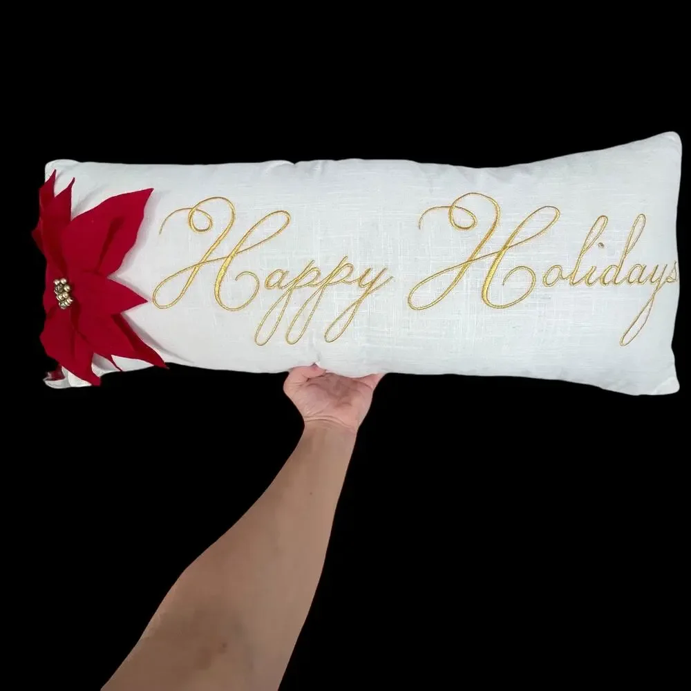 Pier 1 Happy Holidays Poinsettia Pillow Christmas Long White Rectangular READ